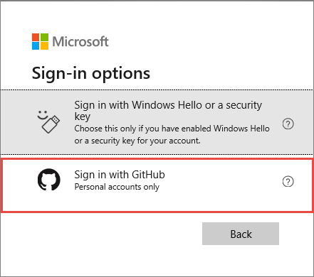 Cuplikan layar yang memperlihatkan jendela opsi masuk Microsoft, menyoroti opsi untuk masuk dengan GitHub.