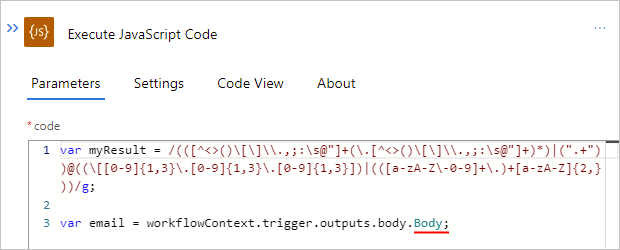 Cuplikan layar memperlihatkan alur kerja aplikasi logika Standar, tindakan Jalankan Kode JavaScript, dan properti Isi yang diganti namanya dengan titik koma penutup.