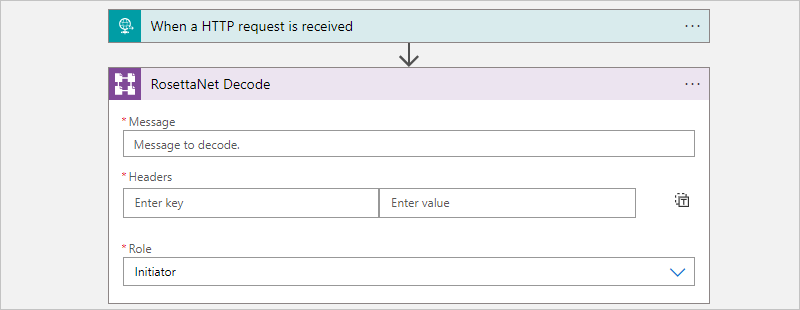 Cuplikan layar tindakan Dekode RosettaNet di mana kotak tersedia untuk pesan, header, dan peran.