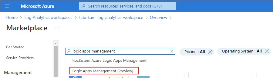 Cuplikan layar memperlihatkan portal Azure, kotak pencarian halaman Marketplace dengan 'manajemen aplikasi logika' dimasukkan dan 'Manajemen Logic Apps' dipilih.
