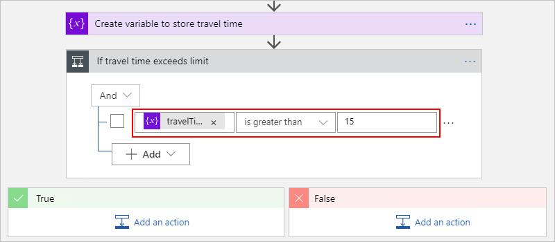 Cuplikan layar yang menunjukkan kondisi yang selesai untuk membandingkan waktu perjalanan dengan batas yang ditentukan.