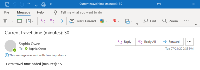 Cuplikan layar yang menunjukkan contoh surel yang melaporkan waktu perjalanan saat ini dan waktu perjalanan tambahan yang melebihi batas yang Anda tetapkan.