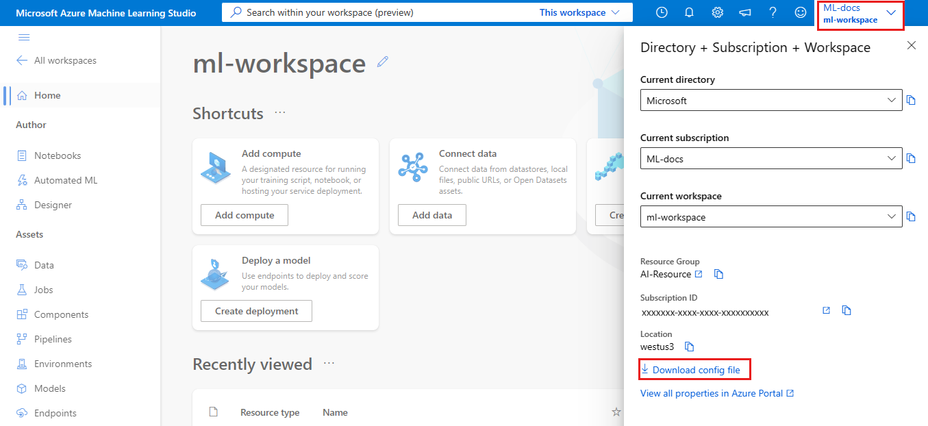 Cuplikan layar halaman gambaran umum ruang kerja dengan unduhan config.json dipilih.