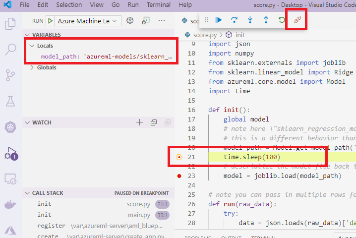 Titik henti Visual Studio Code di score.py