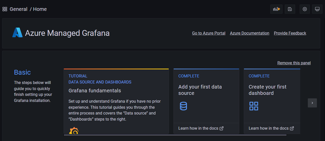 Cuplikan layar instans Azure Managed Grafana.