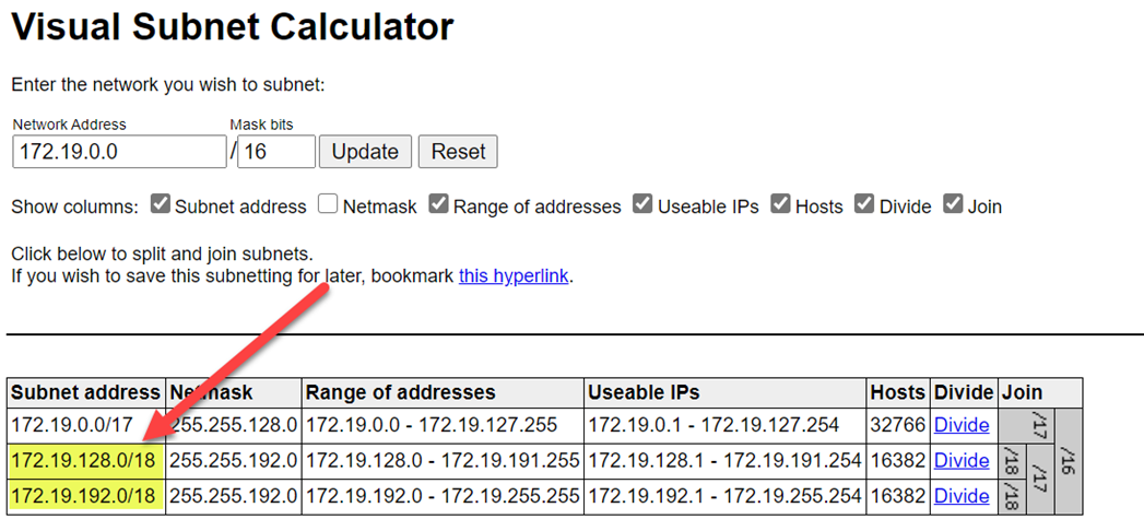 Cuplikan layar memperlihatkan Kalkulator Subnet Visual dengan dua alamat jaringan identik yang disorot.
