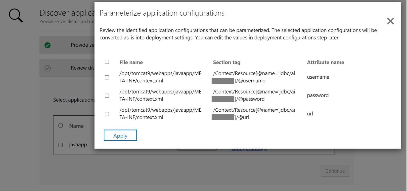 Cuplikan layar untuk aplikasi parameterisasi konfigurasi aplikasi Java.