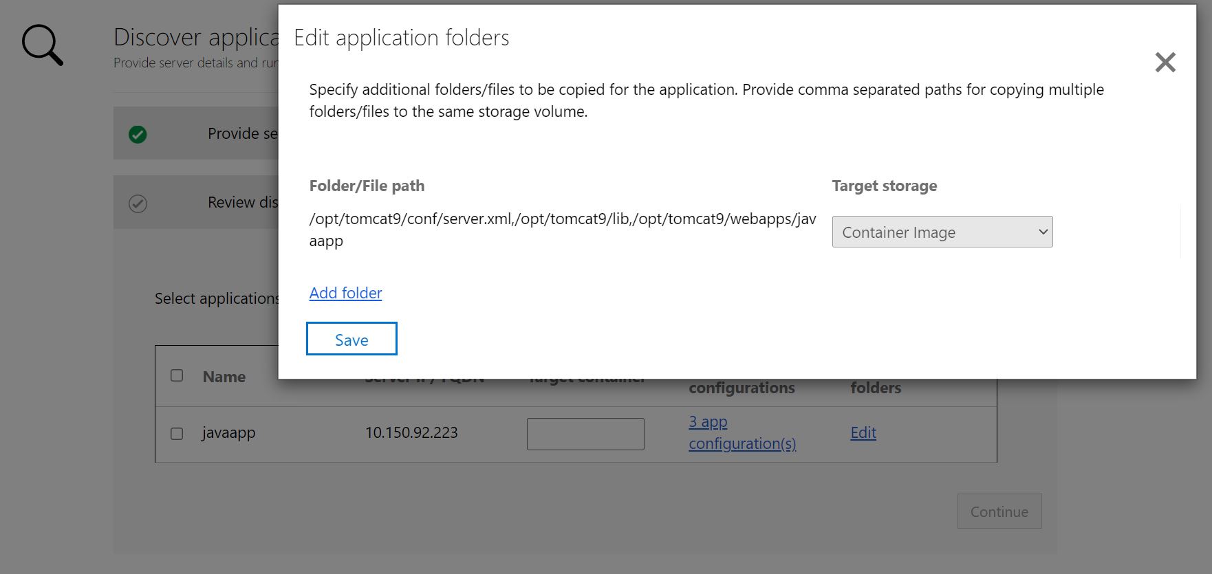 Cuplikan layar untuk pemilihan penyimpanan volume aplikasi.