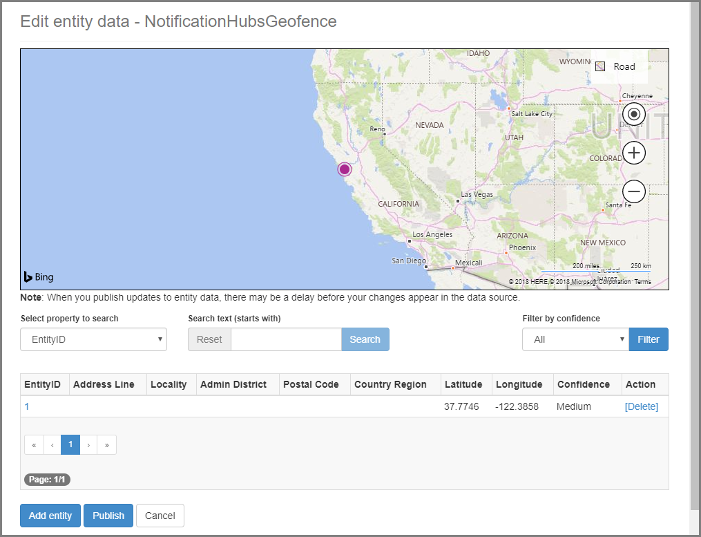 Cuplikan layar halaman Edit data entitas yang memperlihatkan peta amerika serikat bagian barat dan titik magenta di tepi laut San Francisco.
