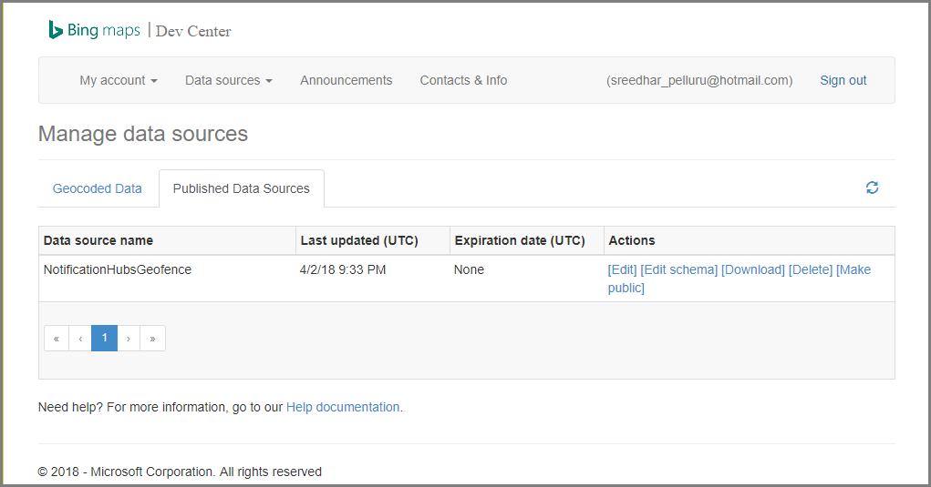 Cuplikan layar Bing Maps Dev Center di halaman Kelola Sumber Data dengan tab Sumber Data yang Diterbitkan dipilih.