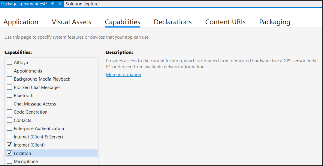 Cuplikan layar kotak dialog Properti Paket memperlihatkan tab Kemampuan dengan opsi Lokasi disorot.
