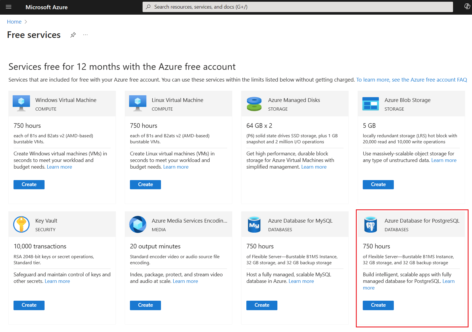 Screenshot that shows a list of all free services on the Azure portal, highlighting PostgreSQL.