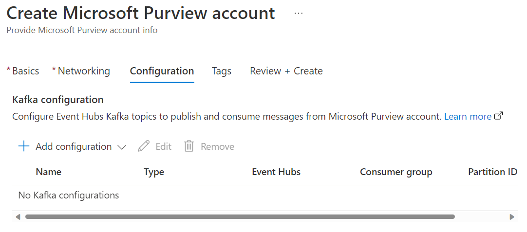 Screenshot showing the Event Hubs configuration page in the Create Microsoft Purview account window.