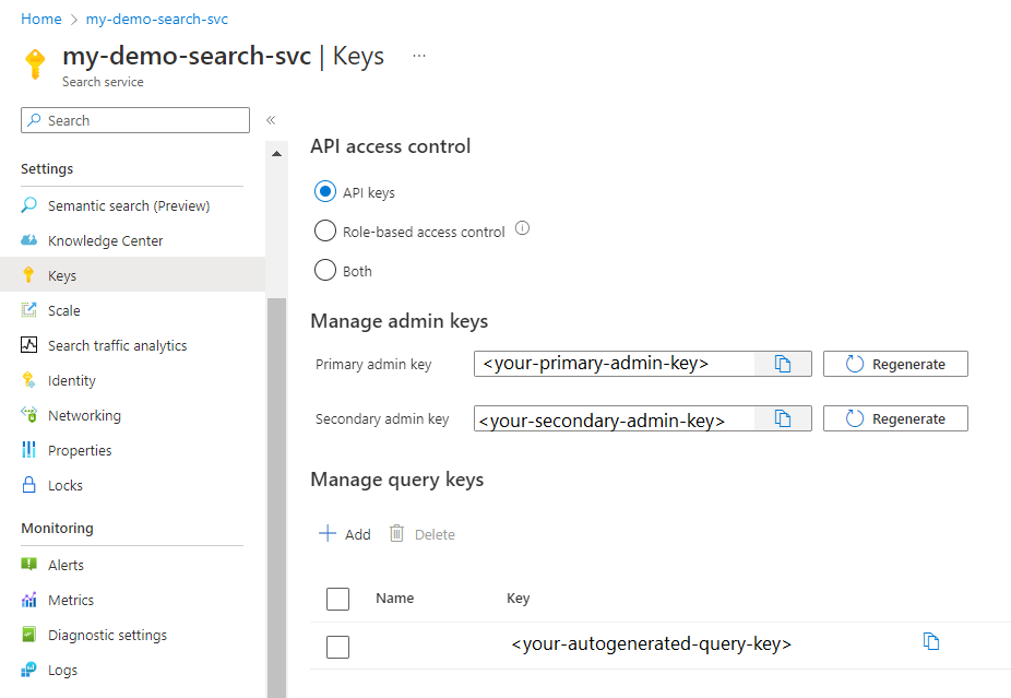 Portal page, retrieve settings, keys section