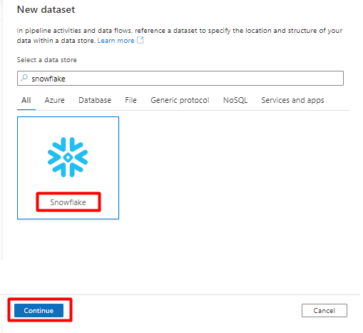 Cuplikan layar memperlihatkan cara memilih Snowflake dari sumber data untuk Himpunan Data.