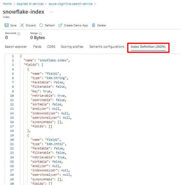 Cuplikan layar memperlihatkan cara menyalin konfigurasi JSON indeks Azure Cognitive Search yang ada untuk indeks Snowflake yang ada.