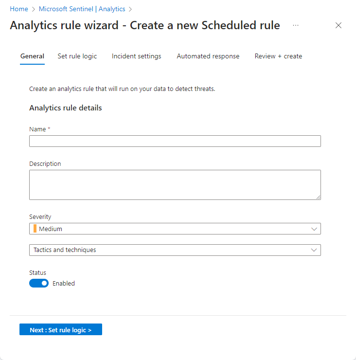 Cuplikan layar yang menampilkan wizard aturan Analitik untuk membuat aturan baru di Microsoft Azure Sentinel.
