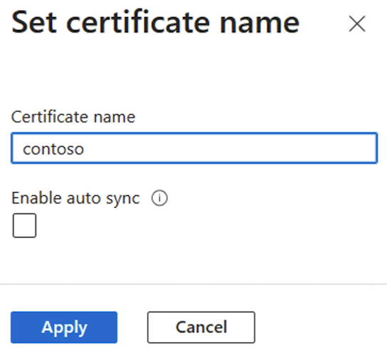 Cuplikan layar kotak dialog portal Azure Atur nama sertifikat.
