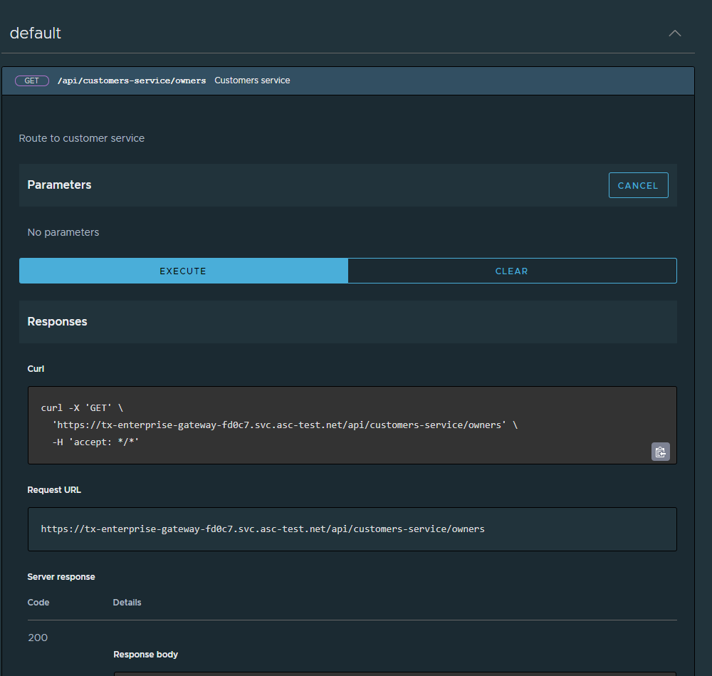Cuplikan layar portal API yang memperlihatkan opsi Jalankan dipilih.