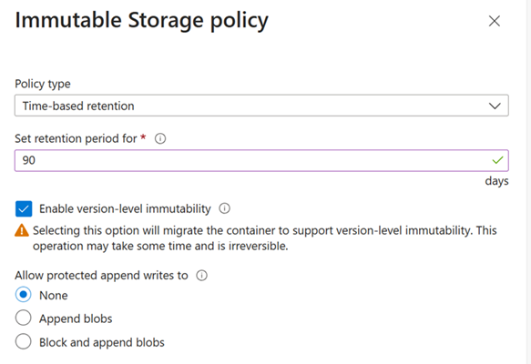 Screenshot showing how to migrate an existing container to support version-level immutability
