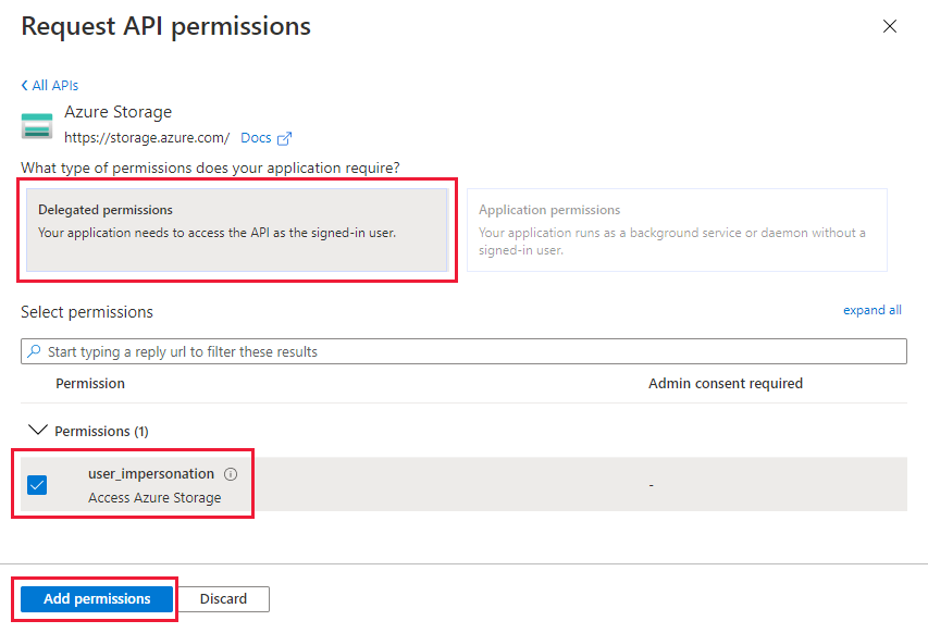 Cuplikan layar menampilkan izin untuk API penyimpanan