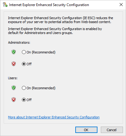 Jendela pop Konfigurasi Keamanan yang Ditingkatkan di Internet Explorer dengan 