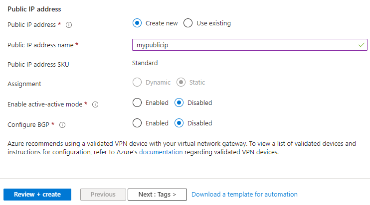 Cuplikan layar memperlihatkan cara menentukan alamat IP publik untuk gateway jaringan virtual menggunakan portal Azure.