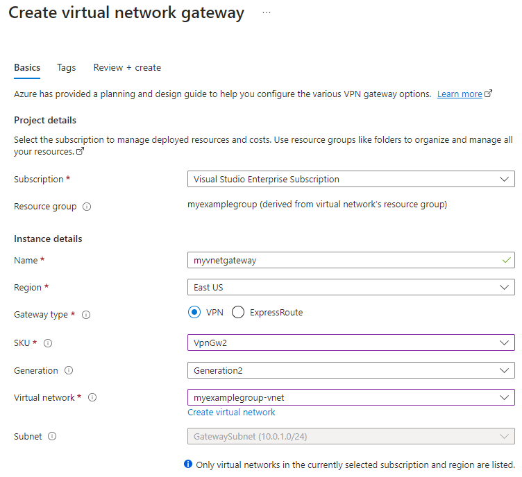 Cuplikan layar memperlihatkan cara membuat gateway jaringan virtual menggunakan portal Azure.