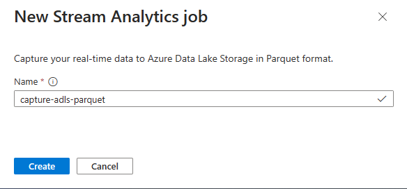 Cuplikan layar yang menampilkan jendela pekerjaan Azure Stream Analytics Baru tempat Anda memasukkan nama pekerjaan.
