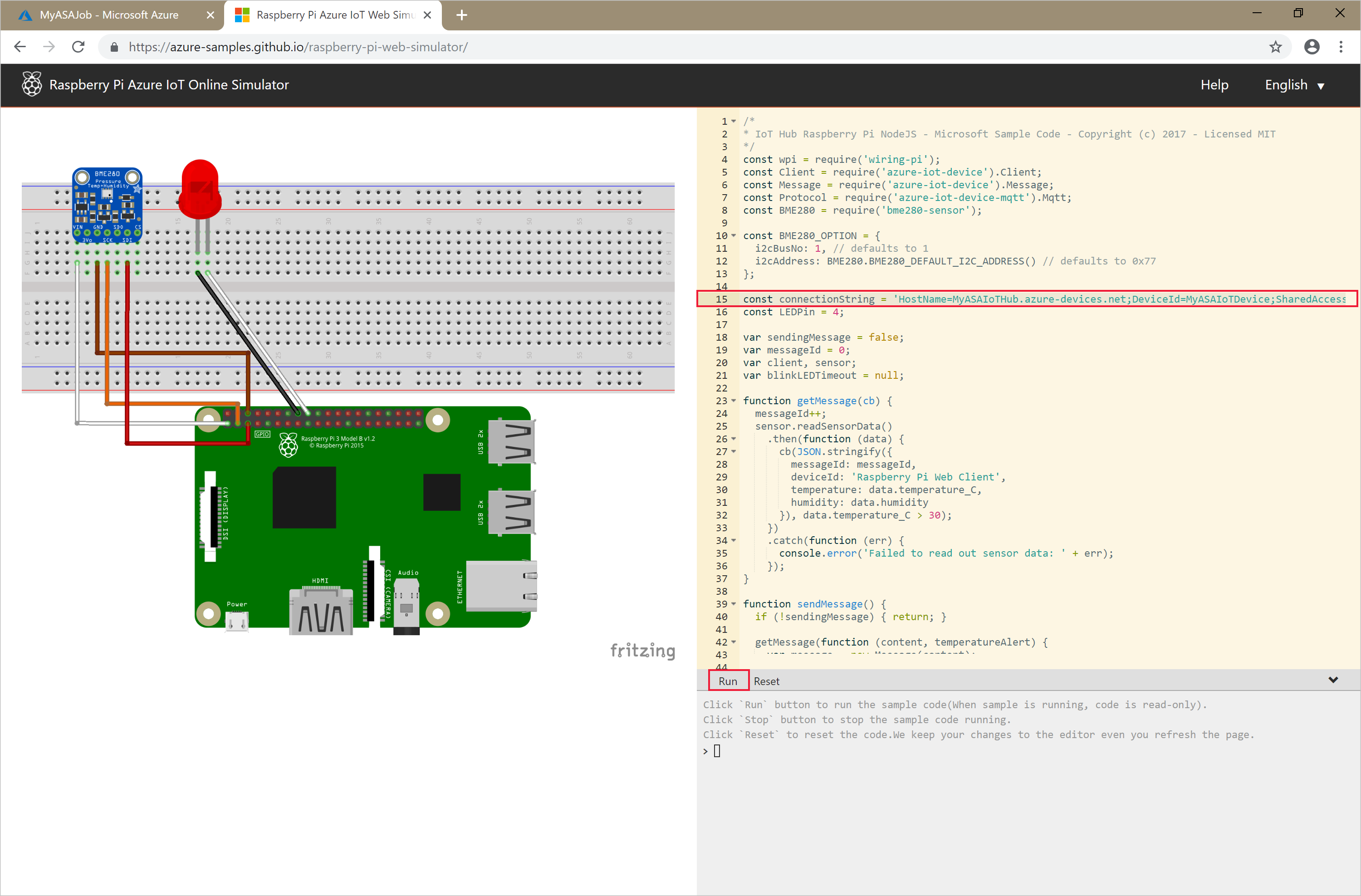 Cuplikan layar memperlihatkan Raspberry Pi Azure IoT Online Simulator.