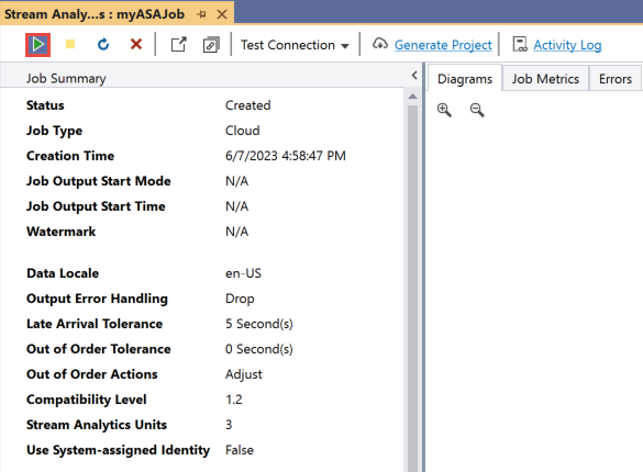 Cuplikan layar memperlihatkan tombol Mulai untuk memulai pekerjaan Azure Stream Analytics dari Visual Studio.