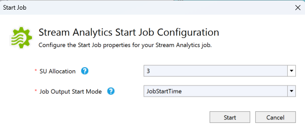 Cuplikan layar memperlihatkan kotak dialog Konfigurasi Pekerjaan Mulai Azure Stream Analytics.