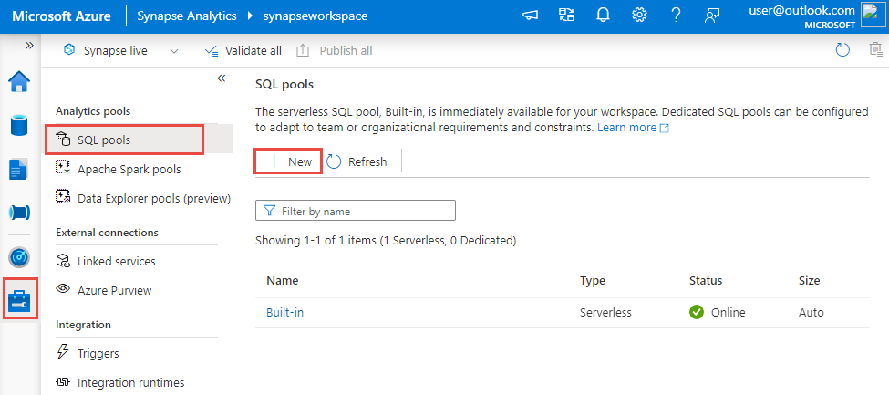Cuplikan layar yang memperlihatkan cara membuat kumpulan khusus SQL Azure Synapse baru dari Synapse Studio.