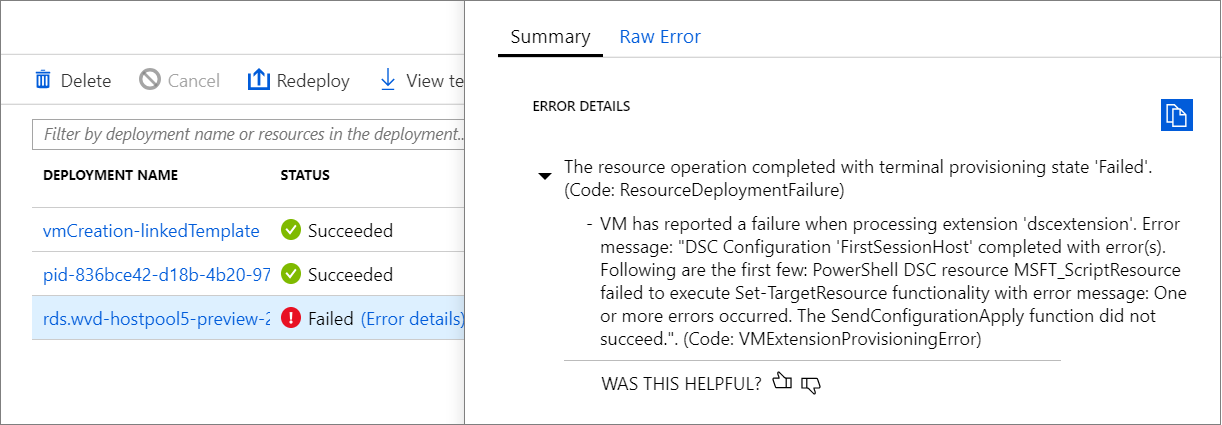 Screenshot of deployment fail with PowerShell DSC Configuration 'FirstSessionHost' completed with Error(s).