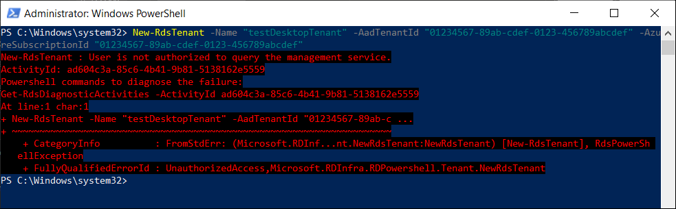 Screenshot of PowerShell window in which a user isn't authorized to query the management service.