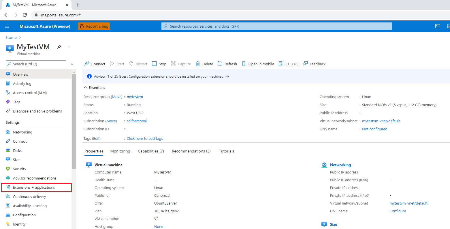Cuplikan layar yang memperlihatkan memilih Ekstensi di menu portal Microsoft Azure.