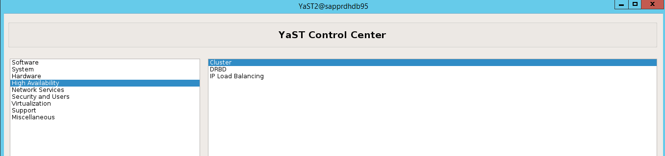 Cuplikan layar yang menampilkan Pusat Kontrol YaST dengan Ketersediaan Tinggi dan Kluster yang dipilih.
