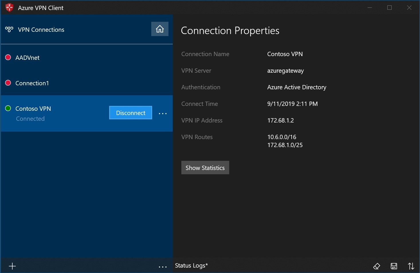 Cuplikan layar menunjukkan koneksi dalam status Terhubung dengan opsi untuk memutuskan sambungan.