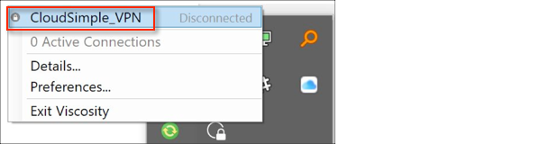 Cuplikan layar yang menunjukkan status konektivitas CloudSimple VPN.