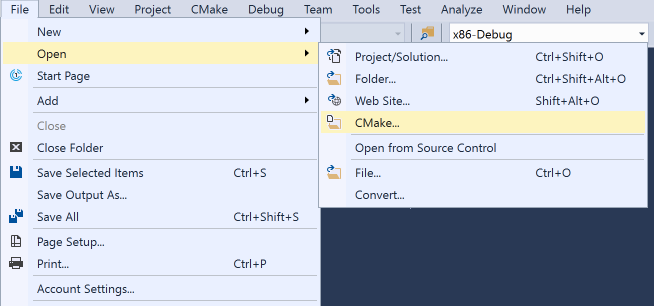 Cuplikan layar menu utama Visual Studio. File > Buka > C Make dipilih.