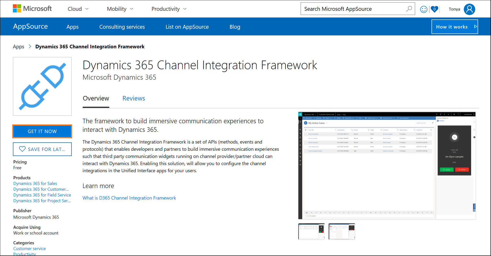 Dynamics 365 Channel Integration Framework di Microsoft AppSource.