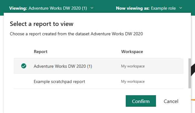 Cuplikan layar Menampilkan untuk memilih laporan lain yang akan diuji.