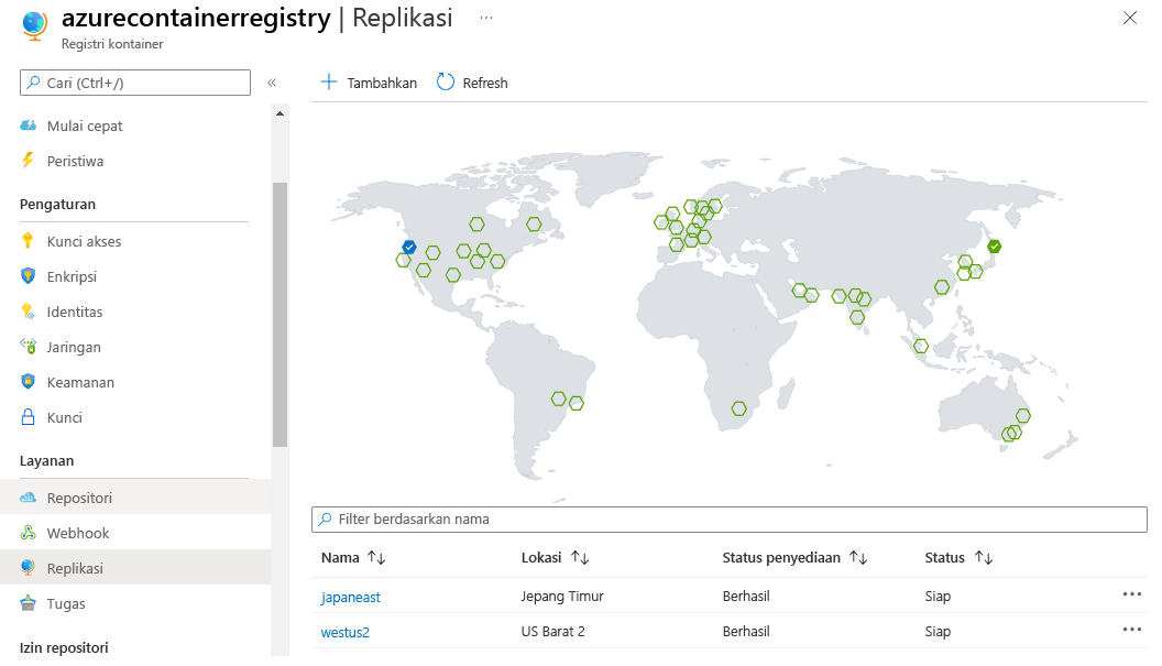 Screenshot of Azure container registry world map showing replicated and available locations.