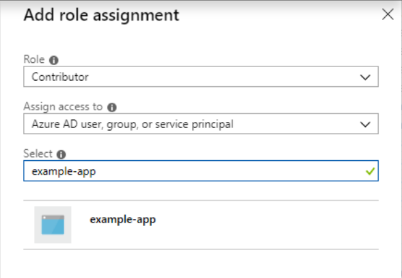 Screenshot showing the user interface for adding a role assignment for a test application.