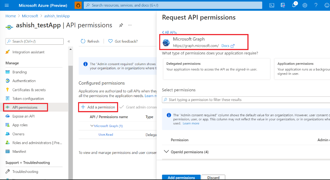 Screenshot showing the request permissions screen in the Azure portal with Microsoft Graph selected.