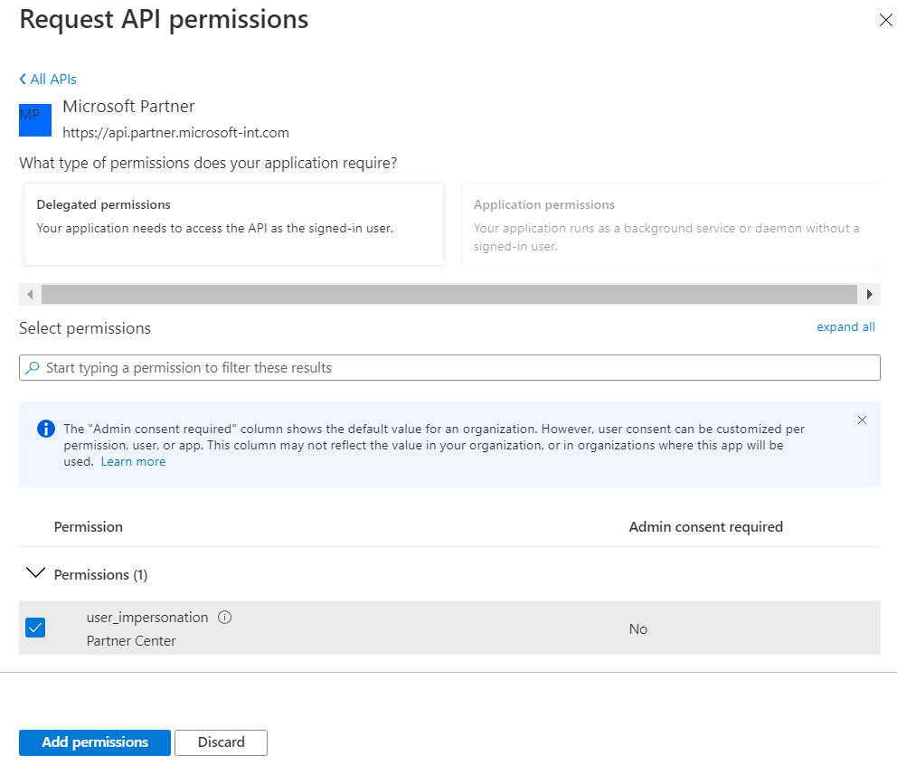 Screenshot showing the Delegated Permissions selected for Partner Center in the Request API permissions screen.