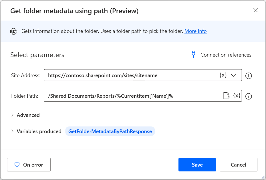 Cuplikan layar dari metadata folder Get kedua menggunakan tindakan jalur.