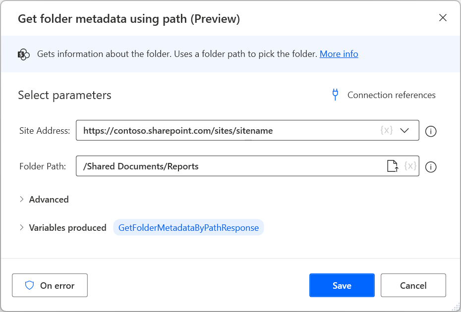 Cuplikan layar tindakan Dapatkan metadata folder menggunakan jalur.