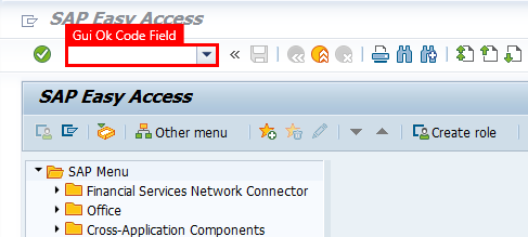 Cuplikan layar jendela SAP Easy Access dengan bidang kode transaksi dipilih.