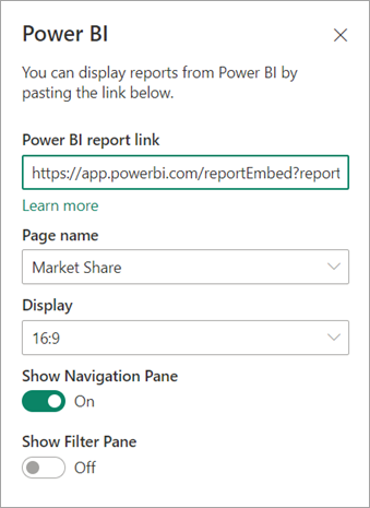 Cuplikan layar dialog properti bagian web baru SharePoint dengan tautan laporan Power BI disorot.